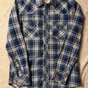 Rock & Roll Flame Resistant Plaid Work Shirt Blue Cotton Men's Size L